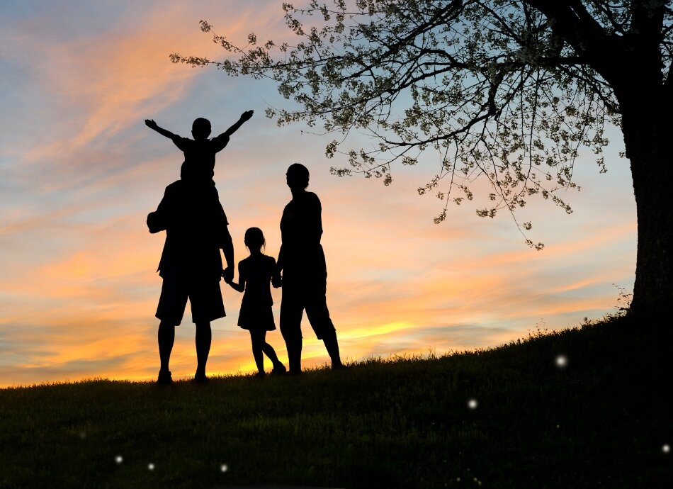 Family silhouette at sunset near a tree