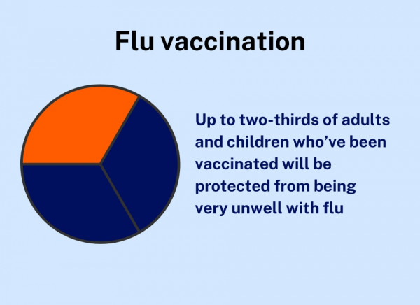 Influenza vaccination pie chart showing up to two thirds of adults and children who've been vaccinated will be protected from being very unwell with flu