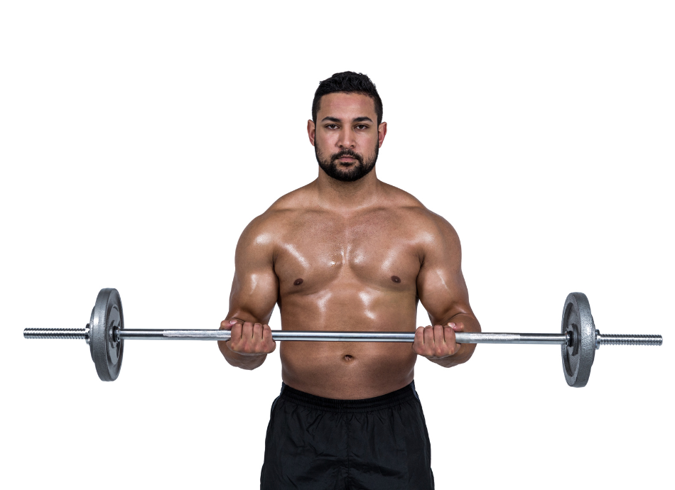 Muscly male weight lifter holds barbell