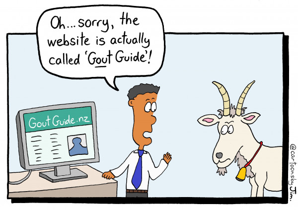 Cartoon depiction of a man showing a goat a website called Gout Guide