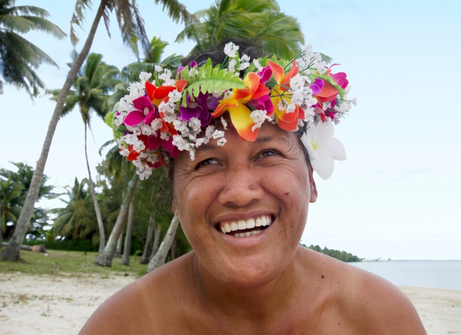Smiling Cook Islands woman wearing flower crown